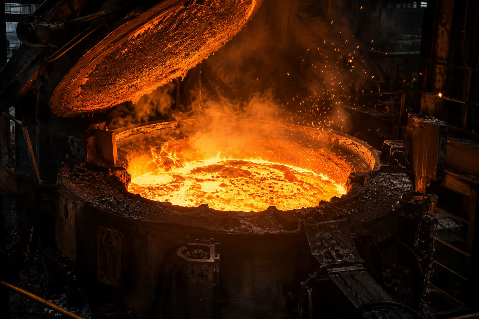 Horno de fusión con el metal en el crisol (imagen de referencia generada con IA)